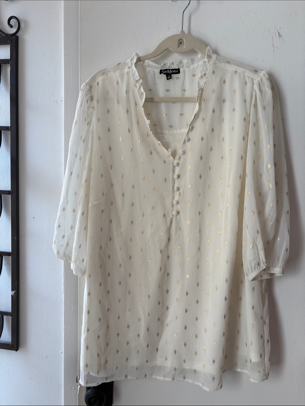 Sara Michelle Cream Blouse with Gold Metallic Dot Accents